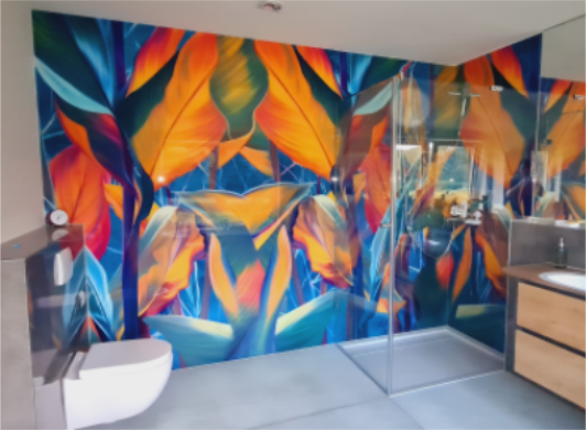 Diese farbgewaltige Duschrückwand besteht aus 3 Elementen und das Gaffitty mit seiner absoluten billanz und Farbfreude bringt das Ganze Bad zum leuchten.